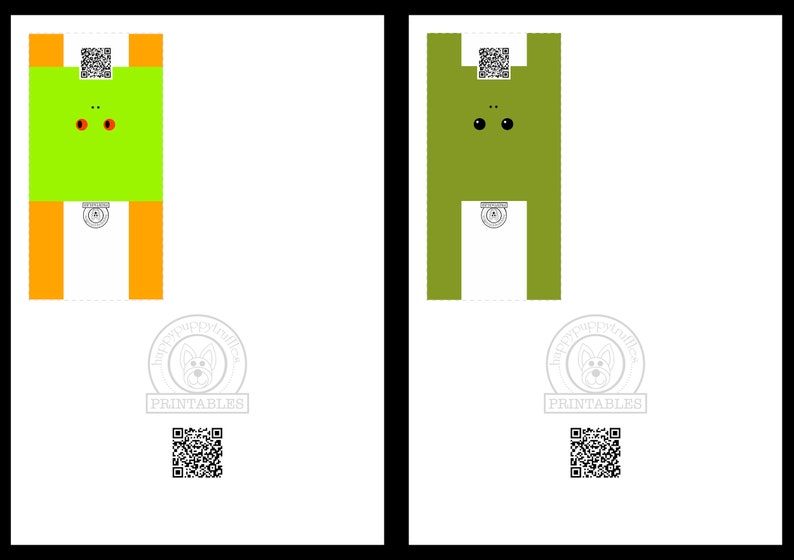 May include: Two printable papercraft frog templates. The first frog is green with orange legs and red eyes. The second frog is green with black eyes. Both frogs have a QR code on their chest.