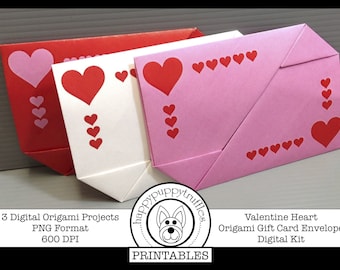 Origami Valentine Heart Gift Card Envelope, Printable, Digital Instant Download, Paper Crafting