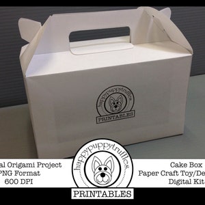 May include: White cake box with a handle, featuring a black and white logo with a dog and the text "Happy Puppy Truffles Printables". The box is a digital download for a paper craft toy or decoration.