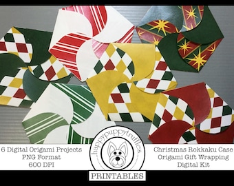 Origami Christmas Rokkaku Petal Fold Case Gift Wrap, Printable, Digital Instant Download, Paper Crafting
