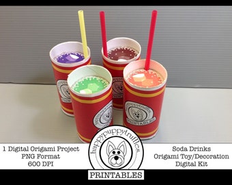 May include: Four red and white paper cups with colorful liquid inside and straws sticking out. The cups have a yellow stripe and a logo that says "Happy Puppytruffles Printables".