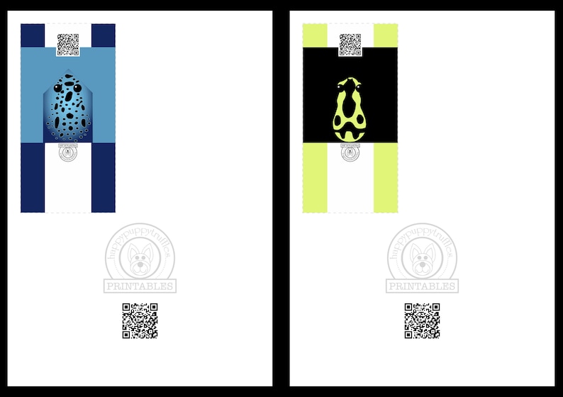 May include: Two printable coloring pages featuring a frog with black and white spots. The frog on the left is blue and the frog on the right is yellow. Both frogs are on a white background with a black and white checkered border.