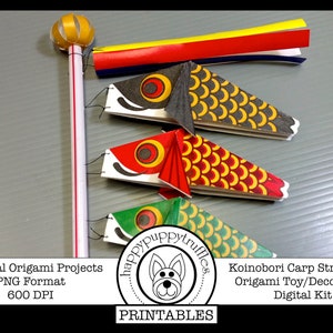 May include: A digital download of four origami carp streamers, also known as koinobori, in red, black, green, and yellow. The streamers are traditional Japanese decorations for Children's Day.