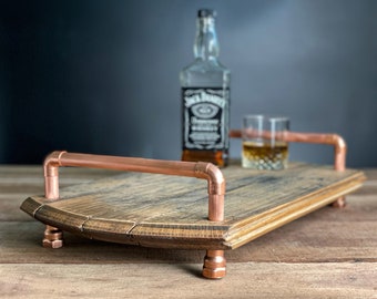 Bourbon Barrel Tablett mit Kupfer Griffen | Serviertablett | Whisky Geschenke | Holztablett | Käsebrett | Charcuteriebrett