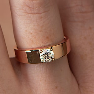 Wide Solitaire Diamond Ring, 14K Rose Gold, Lab Grown Diamond Ring, Moissanite Engagement Ring, Thick Engagement Ring, Wide Diamond Ring