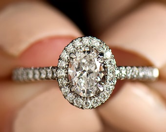Moissanite Halo Ring, 14K White gold, Lab Grown Diamond Halo Ring, Halo Oval Ring, Alternative Engagement Ring, One Carat Oval Ring