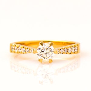 Classic Engagement Ring, 14K Yellow gold, Tapered Ring, Lab Grown Diamond Ring, Moissanite Ring, Unique Setting, Side Diamonds Engagement