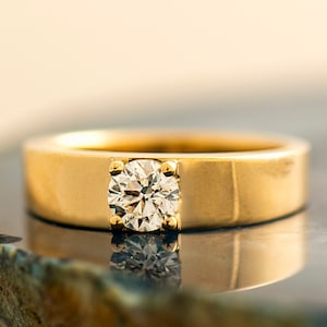 Wide Solitaire Diamond Ring, 14K Yellow Gold, Lab Grown Diamond Ring, Moissanite Engagement Ring, Thick Engagement Ring, Wide Diamond Ring