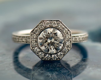 Halo Moissanite Ring, 14K Gold, Halo Octagon Ring, Lab grown Diamond, Art Deco Engagement Ring, Moissanite Ring, 1 Carat Halo Ring