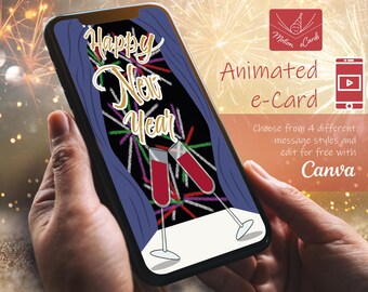 新年の電子カード テンプレート | ビデオ カード | 編集可能な Canva | EC-NY-1