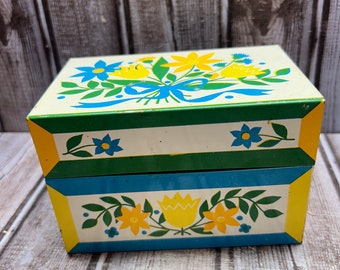 1960s Tin Recipe Box Syndicate Mfg Co Floral Yellow Orange Blue Vintage