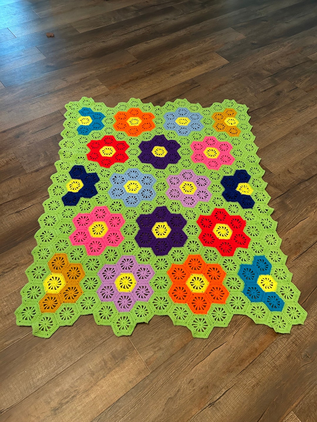 Crochet Granny Square Hexagon Flower Multicolor Lime Green Afghan Throw Vintage Etsy