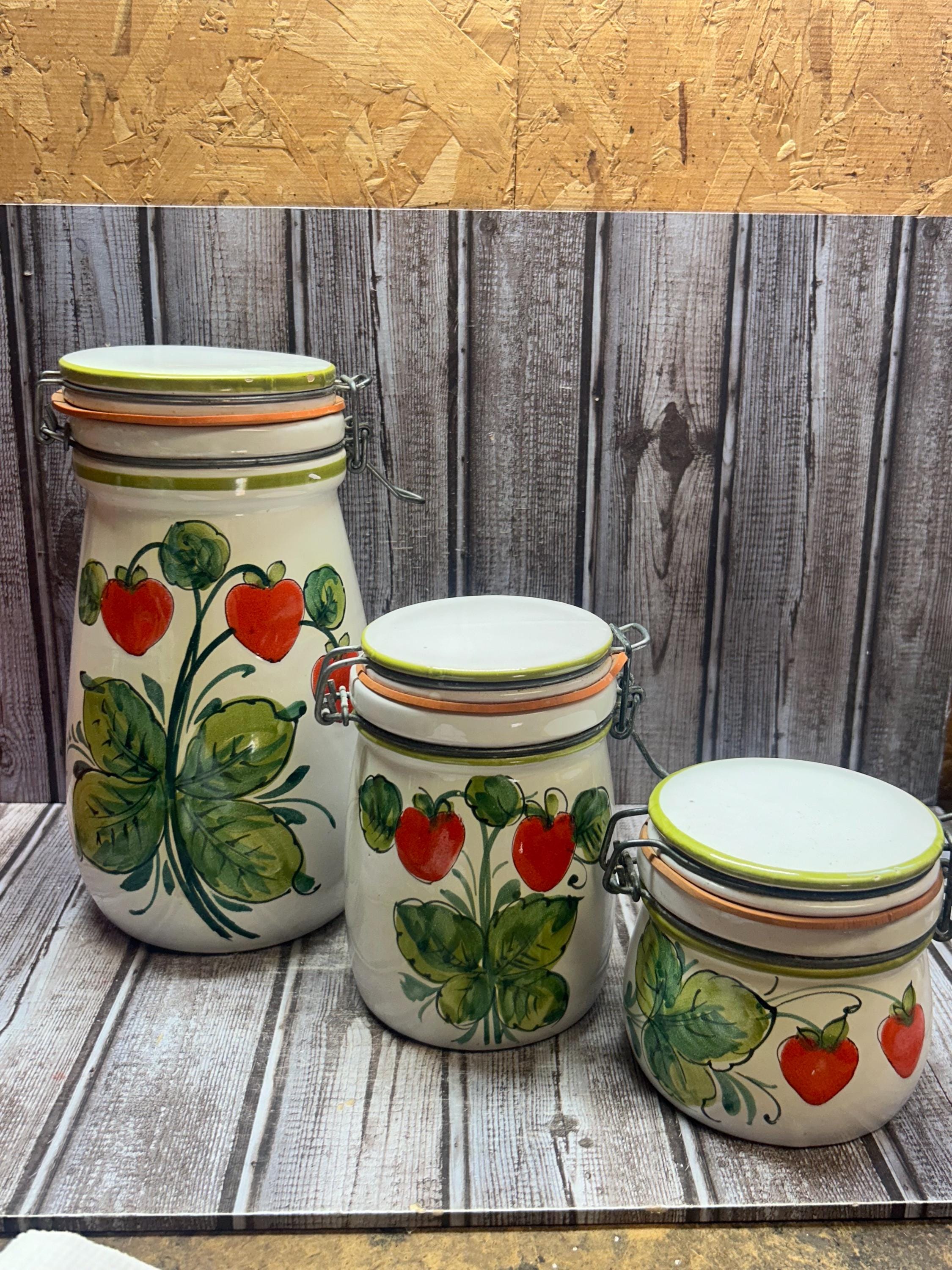 Vintage Italian Strawberry Hinged Set of 3 Canister Set/hand