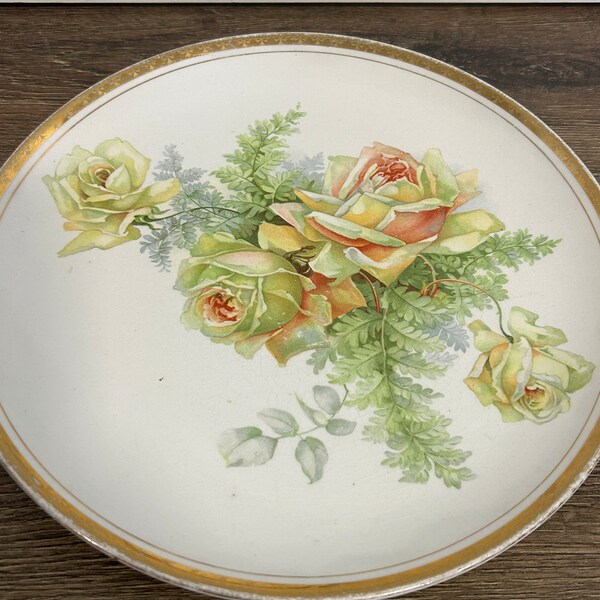 Vintage Dresden, china plate, large roses, and gold trim