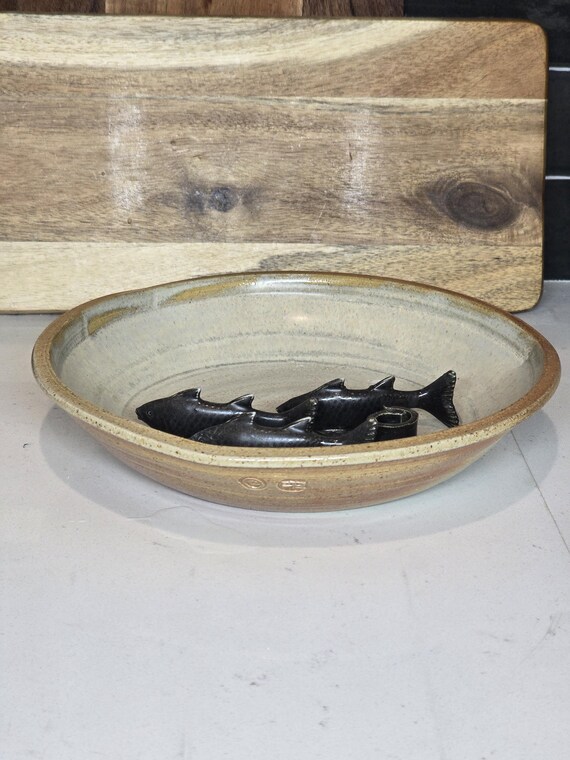 signed studio art pottery dish with metal koi fish design View 3
