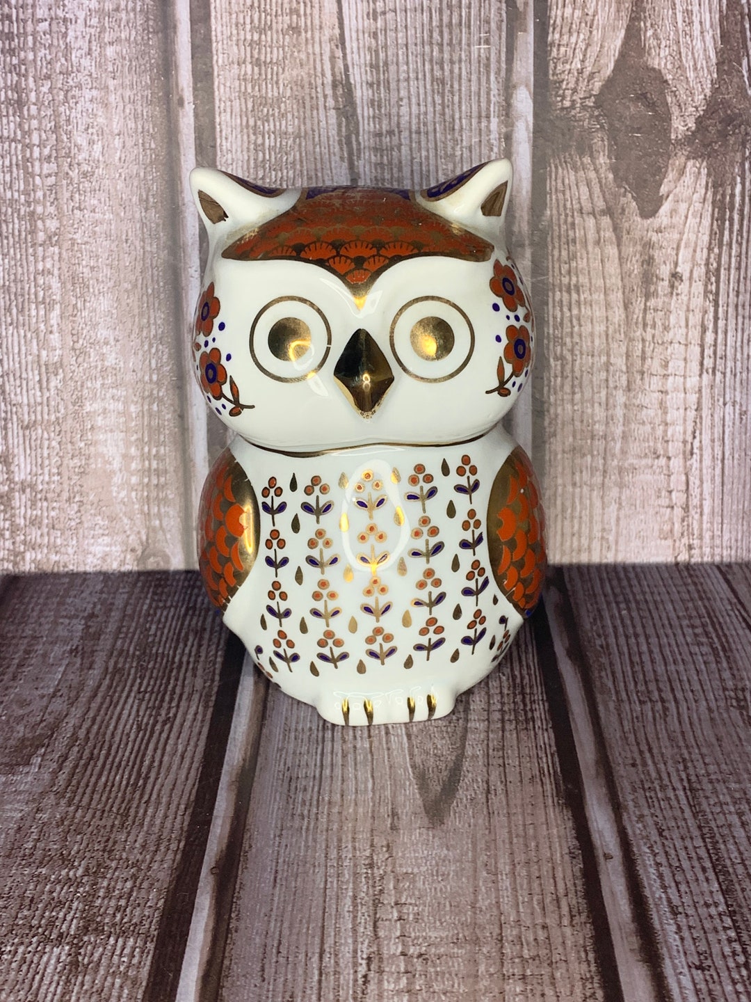 Imari Porcelain Owl Figurine With Gold Gilt, Blue Rust Black Floral