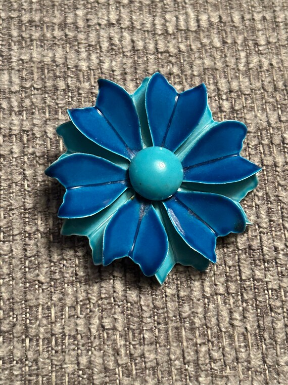 Enamel Mod Flower Brooch 1960s Teal Blue Flower Pi