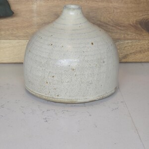 May include: A white ceramic vase with a rounded body and a narrow opening. The vase has a speckled glaze and a subtle, textured surface.