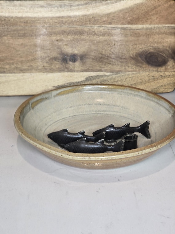 signed studio art pottery dish with metal koi fish design