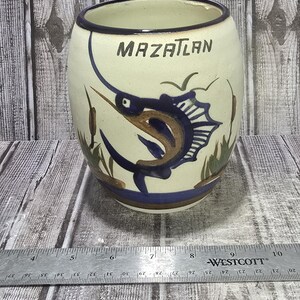 Vintage Hand-Painted Mexican Studio Pottery Mug – Mazatlan Blue Marlin Souvenir Coffee Cup, Signed Tonala
