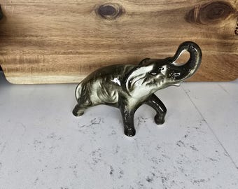Vintage Elephant Ceramic Figurine Trunk Up Gray Brown