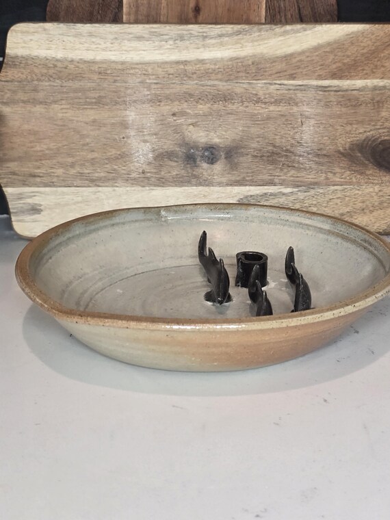 signed studio art pottery dish with metal koi fish design View 6