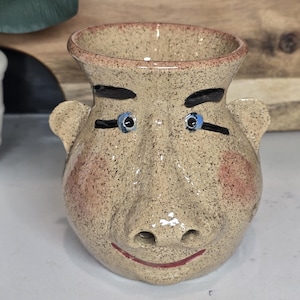 May include: A tan ceramic face-shaped planter with a wide opening. The planter has a nose, ears, and a smiling red mouth. The eyes are blue with black eyebrows and eyelashes. The planter has a speckled texture.