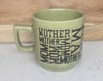 Vintage MOM Coffee Tea Mug avocado Green w/ Black Letters Japan