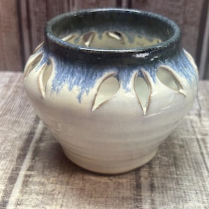 Doug Oian Sunrise Pottery Votive Candle Holder | Blue White Glaze Cutout Stoneware