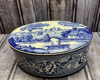 Blue and white oval tin w/lid ~ Country Scene ~ By DAHER ~ Made In England