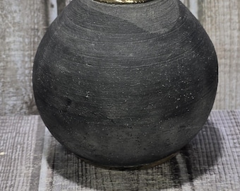 Vintage Raku Studio Pottery Bud Vase by Barbagallo – Matte Black with Iridescent Gold Luster Rim – Miniature Hand-Thrown Ceramic Weed Pot