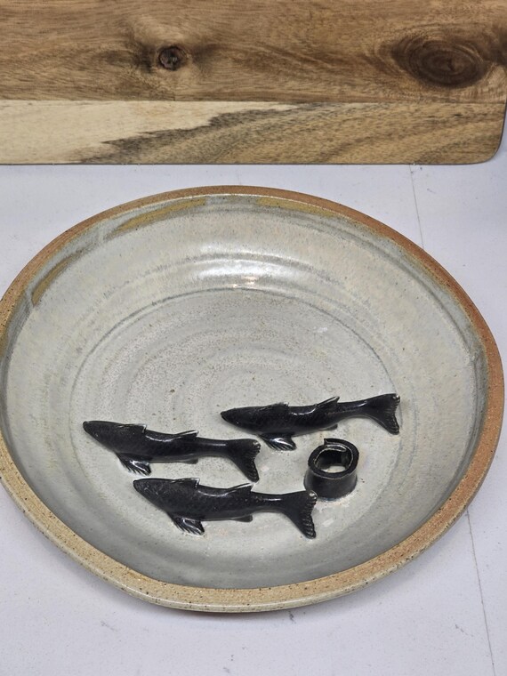 signed studio art pottery dish with metal koi fish design View 5