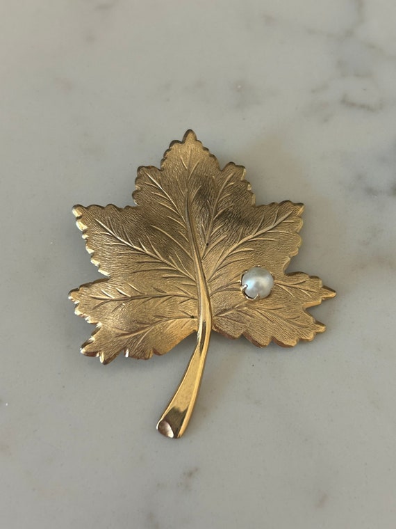 Vintage Sarah Coventry Gold Tone Leaf Brooch with… - image 1