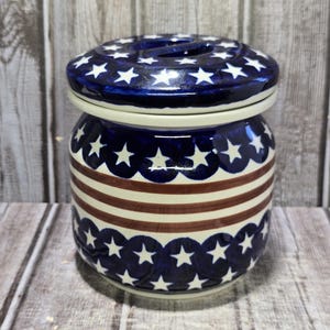 Blue Rose Polish Pottery Stars & Stripes Canister, handcrafted and hand-painted in Boleslawiec, Poland.