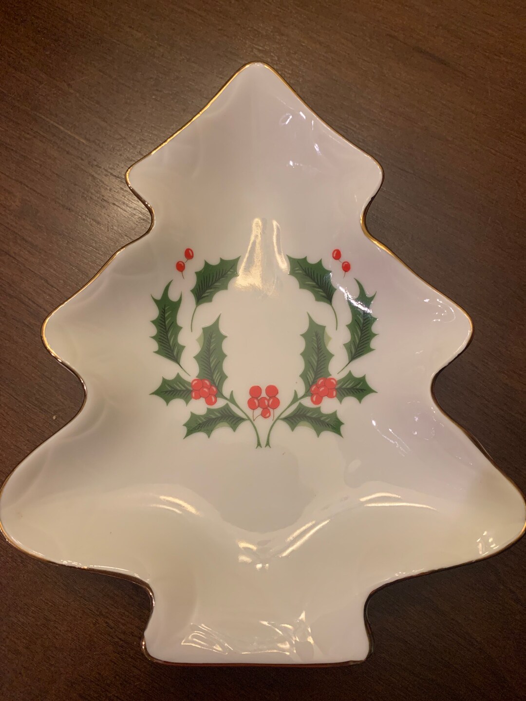 Vintage Christmas Tree Shaped Plate, Mistletoe Design, Candy Dish