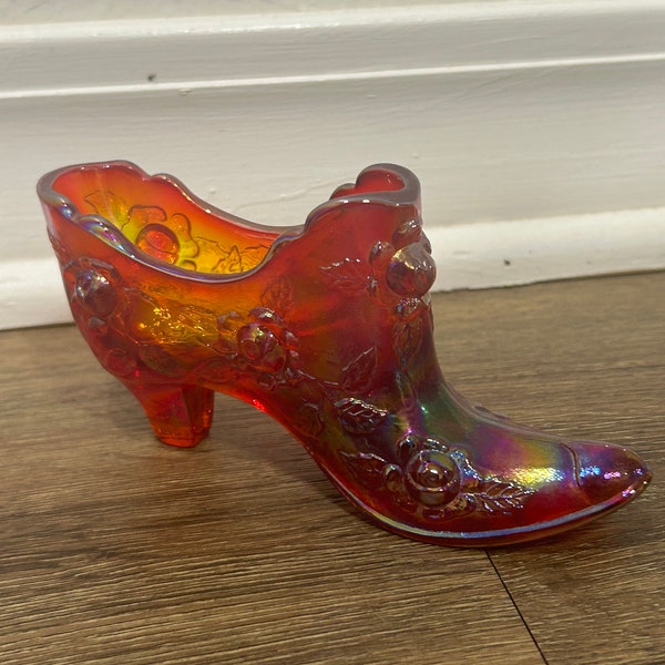 Vintage Collectible Fenton Iridescent Red Cabbage Rose Art Glass Slipper (GLOWS)