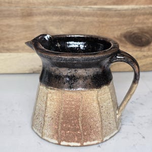vintage two tone brown studio art pottery pitcher signed