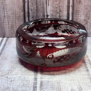 vintage bohemian Ruby Red cut to clear glass small ashtray