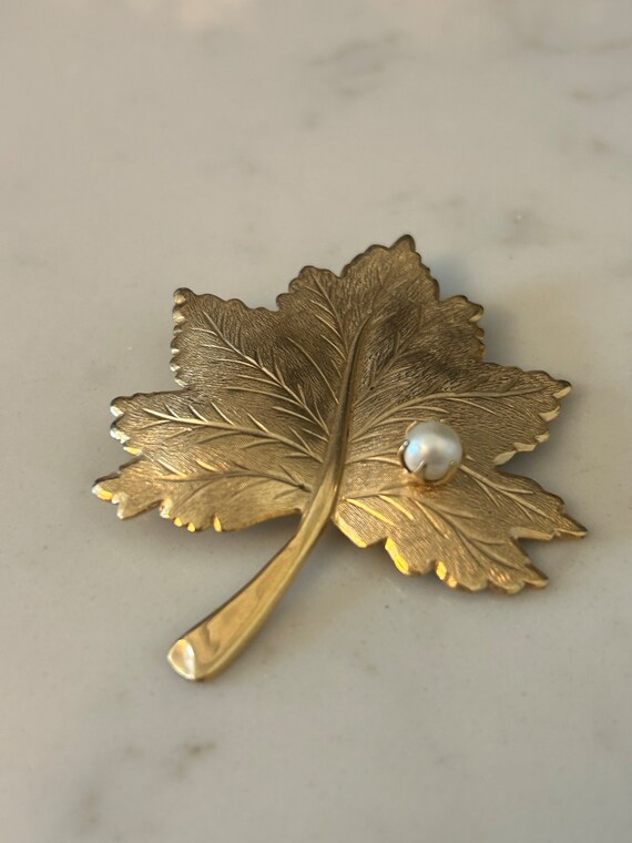 Vintage Sarah Coventry Gold Tone Leaf Brooch with… - image 3
