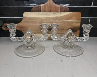 Pair vintage Martinsville Viking Double Candle Holders Etched Floral Pattern