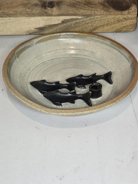 signed studio art pottery dish with metal koi fish design View 2
