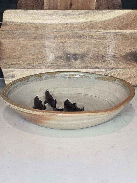 signed studio art pottery dish with metal koi fish design View 4