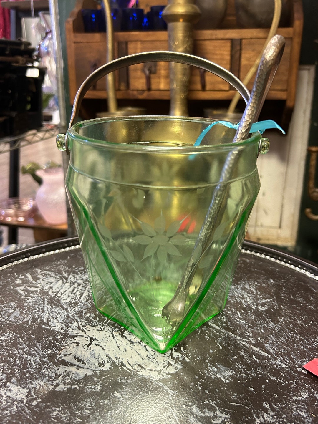 Depression Glass Ice Bucket With Ice Tongs , Green Depression Etched