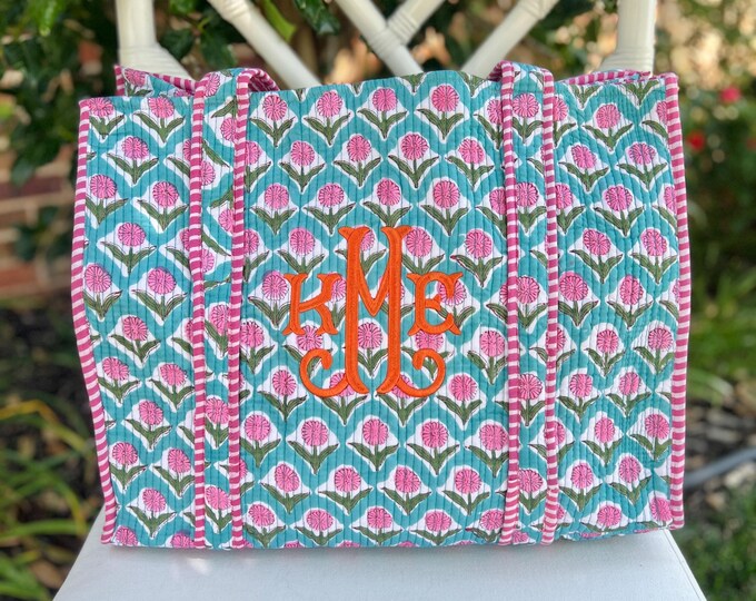 Quilted Tote Bag - Pink and Blue main image 1
