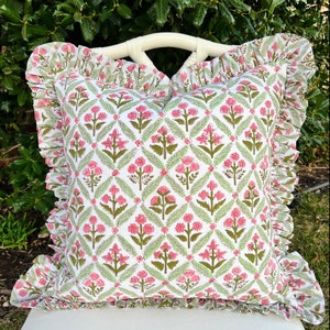 Rose and green floral trellis block print ruffle pillow cover