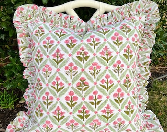 Rose and green floral trellis block print ruffle pillow cover