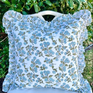 Light blue and green berry block print ruffle pillow cover