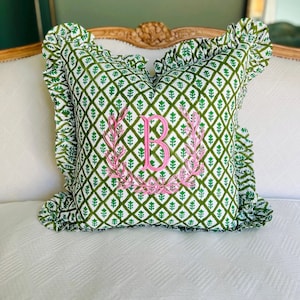 Green block print pillow cover with ruffle trim