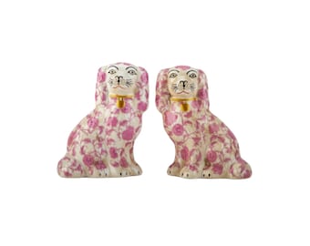 Pink floral Staffordshire dog figurine pair, 6” tall