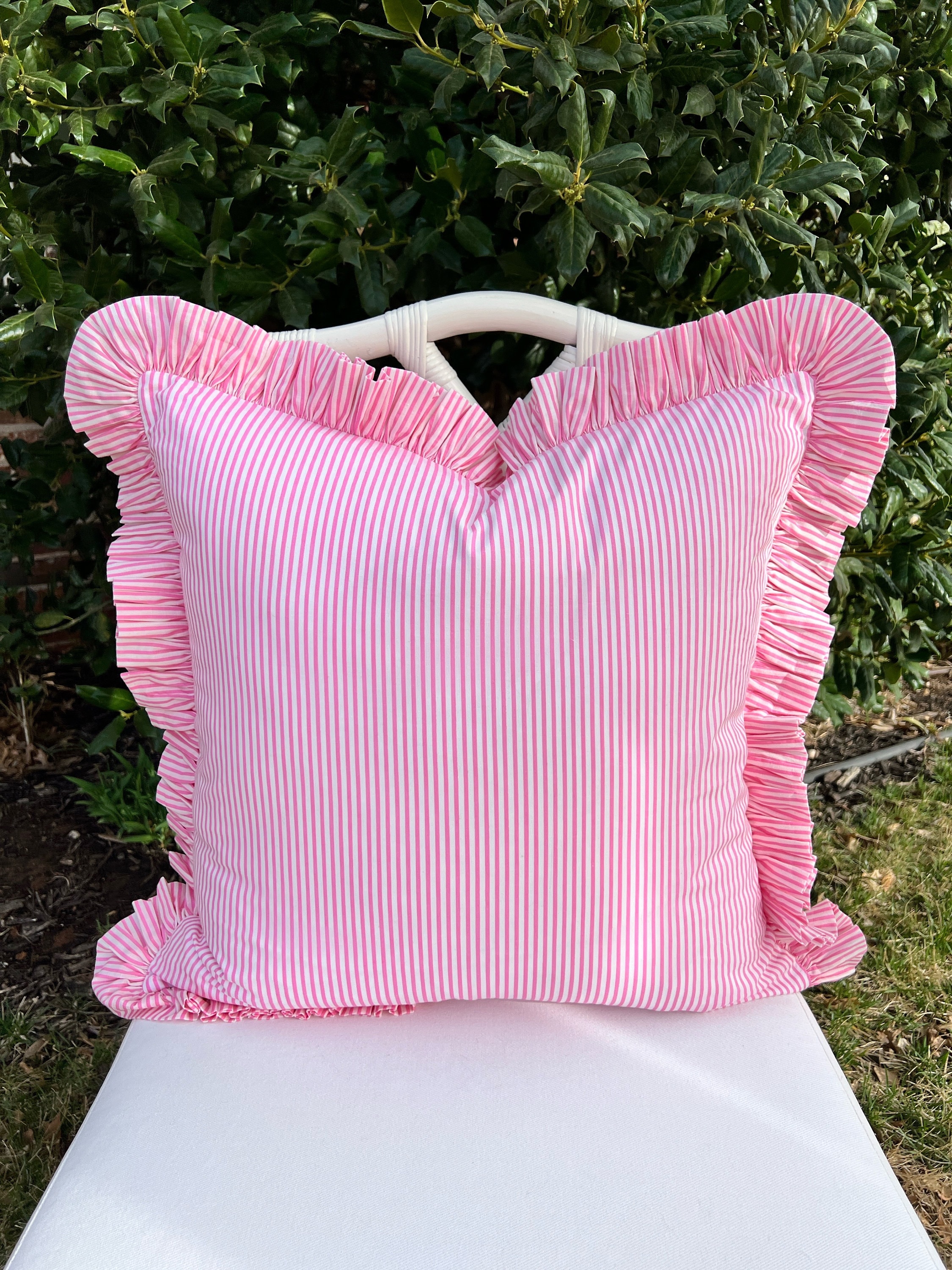 Pink and White Striped Pillow Cover With Ruffle Trim Etsy Canada
